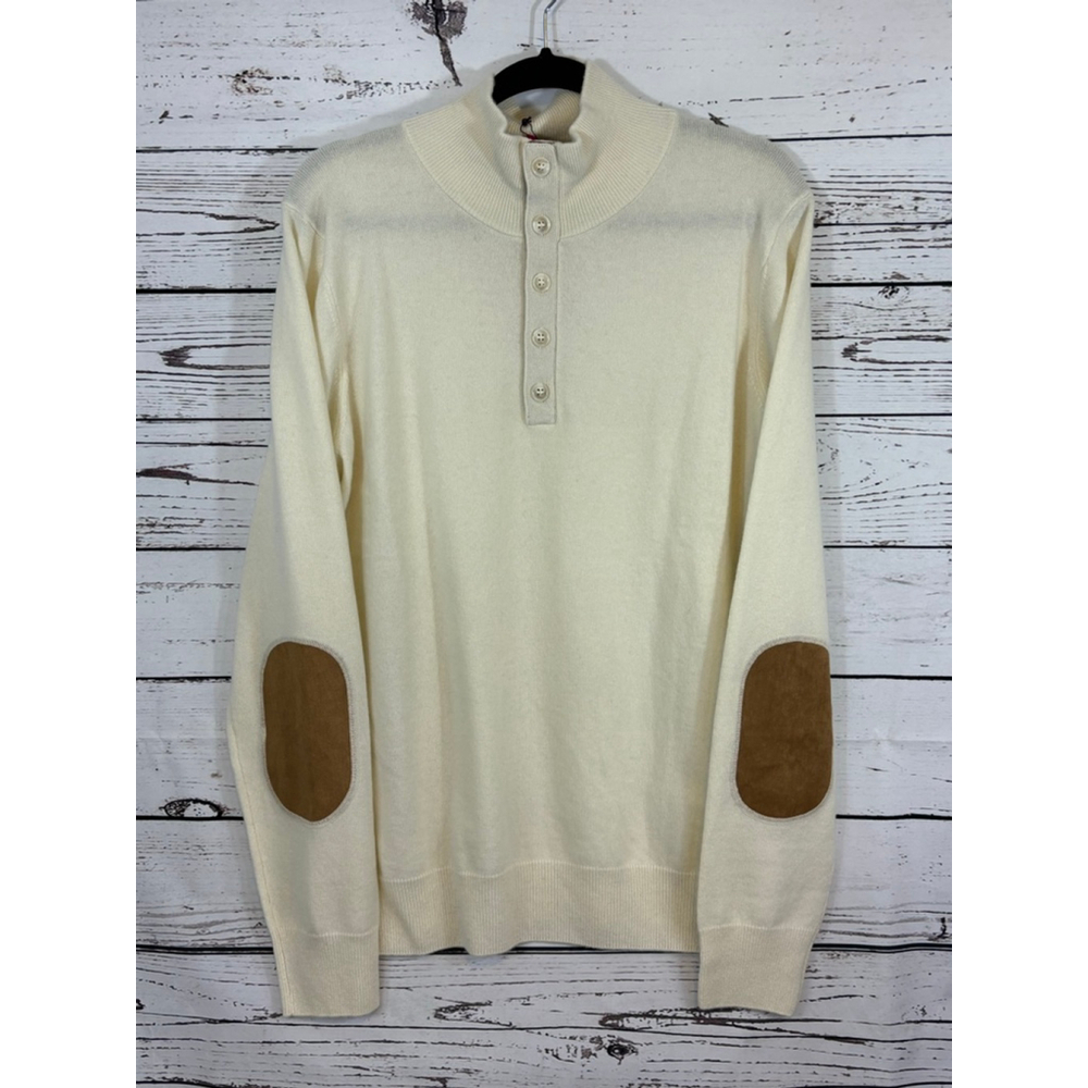 Men's State Cashmere Cream Quarter Button Sweater with Brown Elbow Patches Sz L
